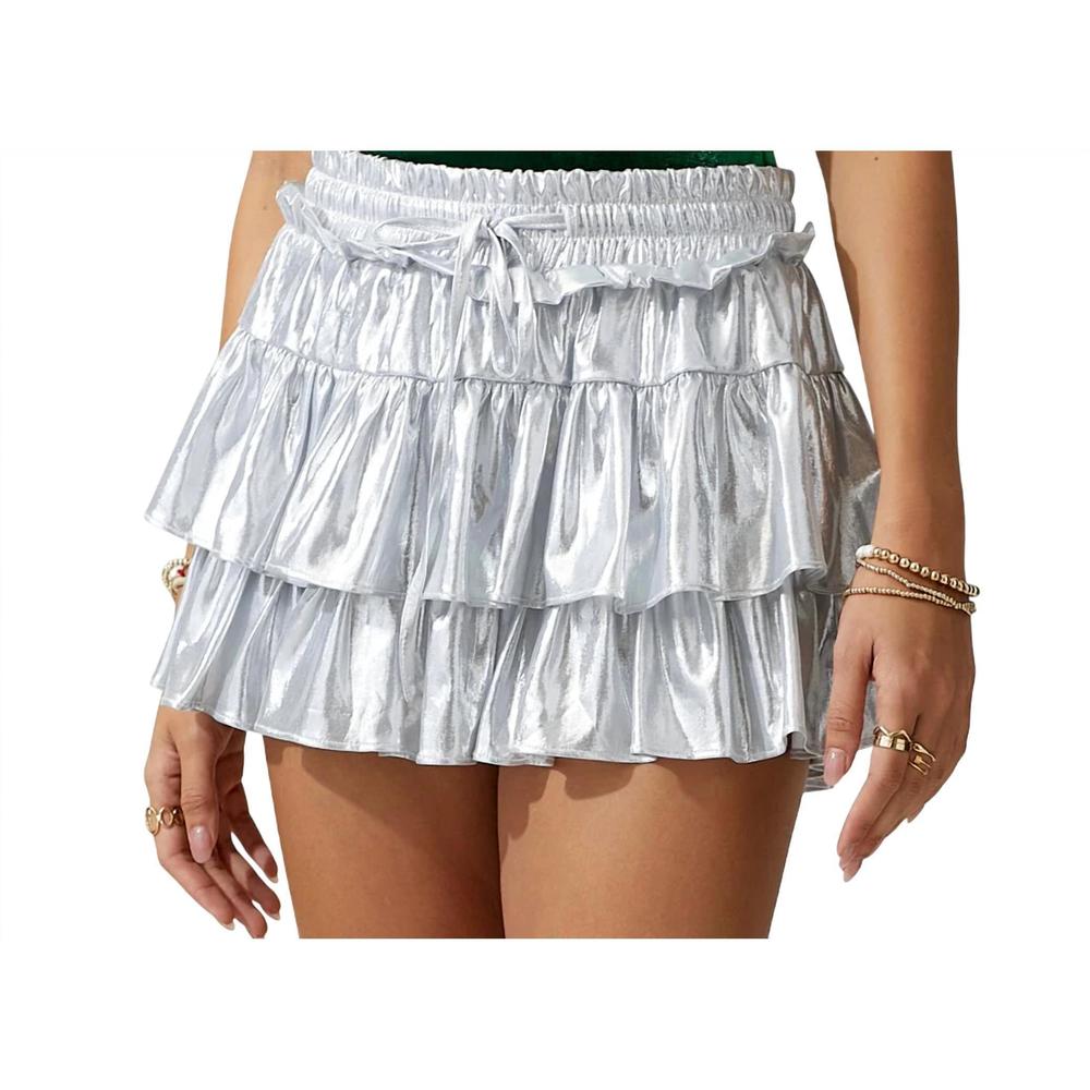 NEW DAY + MOON tiered satin skort with ties in shiny silver